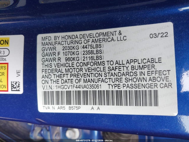 1HGCV1F44NA035061 Honda Accord Sport Special Edition