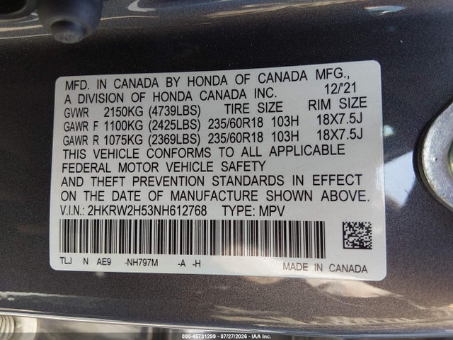 2HKRW2H53NH612768 Honda Cr-v Awd Ex