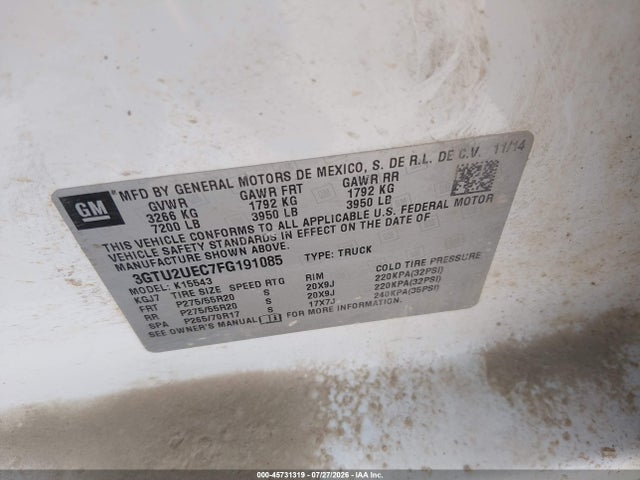 2015 Gmc Sierra 1500 Sle მანქანა იყიდება აუქციონზე, vin: 3GTU2UEC7FG191085, აუქციონის ნომერი: 45731319