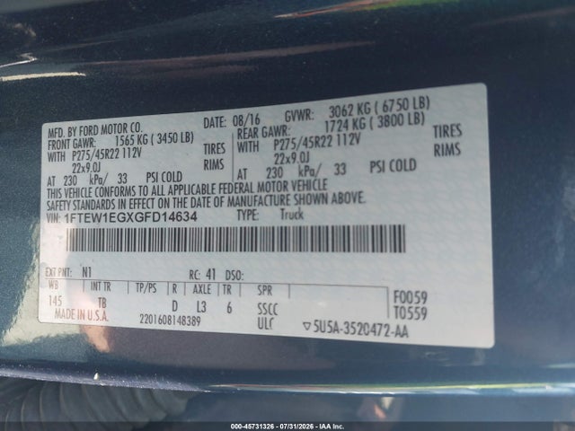 2016 Ford F-150 Limited მანქანა იყიდება აუქციონზე, vin: 1FTEW1EGXGFD14634, აუქციონის ნომერი: 45731326