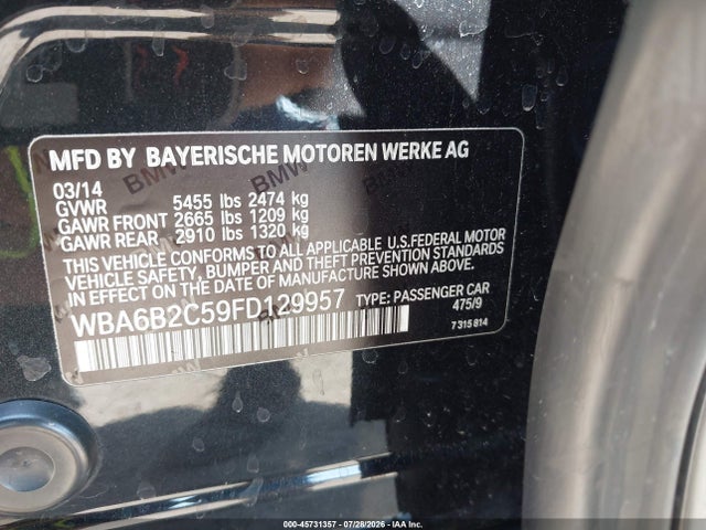 45731357 :رقم المزاد ، WBA6B2C59FD129957 vin ، 2015 Bmw 650i Gran Coupe مزاد بيع
