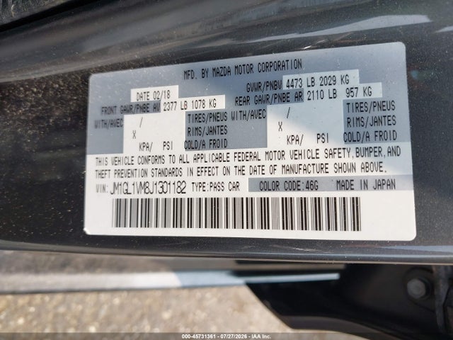 45731361 :رقم المزاد ، JM1GL1VM8J1301182 vin ، 2018 Mazda Mazda6 Touring مزاد بيع