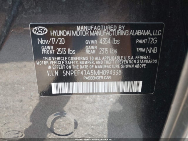 Aukcja sprzedaży 2021 Hyundai Sonata Sel, vin: 5NPEF4JA5MH094338, numer aukcji: 45731368