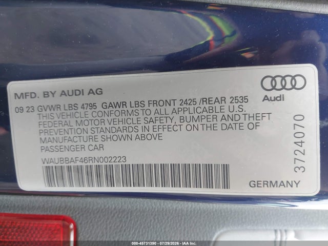 45731390 :رقم المزاد ، WAUBBAF46RN002223 vin ، 2024 Audi A4 Premium Plus 40 Tfsi Quattro S Tronic مزاد بيع