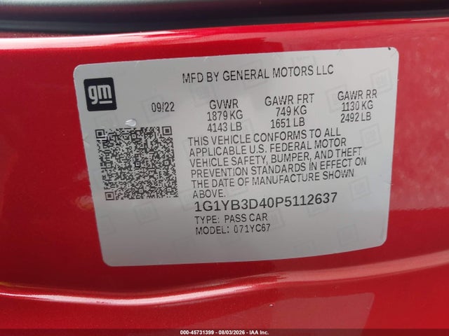 1G1YB3D40P5112637 Chevrolet Corvette Stingray Rwd 2lt