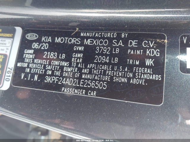 Aukcja sprzedaży 2020 Kia Forte Lxs, vin: 3KPF24AD2LE256505, numer aukcji: 45731406
