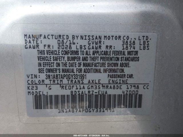 45731408 :رقم المزاد ، 3N1AB7AP0GY331991 vin ، 2016 Nissan Sentra Sr مزاد بيع