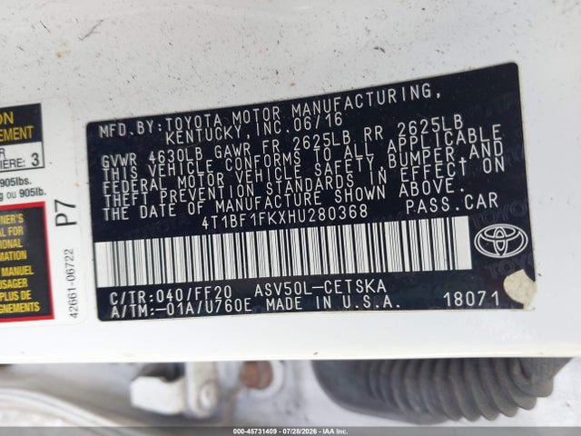 Aukcja sprzedaży 2017 Toyota Camry Se, vin: 4T1BF1FKXHU280368, numer aukcji: 45731409