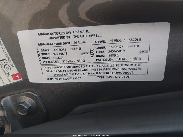 Aukcja sprzedaży 2016 Tesla Model S 60d/70d/75d/85d/90d, vin: 5YJSA1E22GF129097, numer aukcji: 45731413