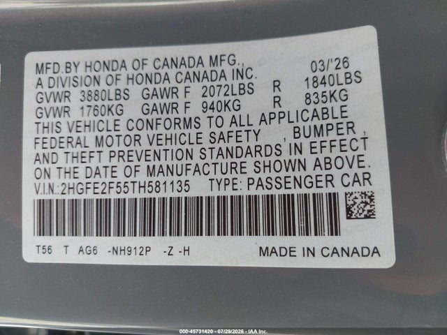 Продаж на аукціоні авто 2026 Honda Civic Sport, vin: 2HGFE2F55TH581135, номер лоту: 45731420