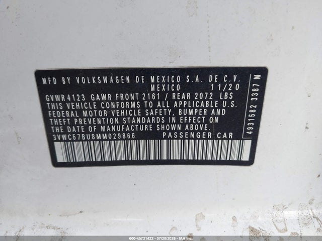 2021 Volkswagen Jetta 1.4t R-line/1.4t Se/s მანქანა იყიდება აუქციონზე, vin: 3VWC57BU8MM029866, აუქციონის ნომერი: 45731422
