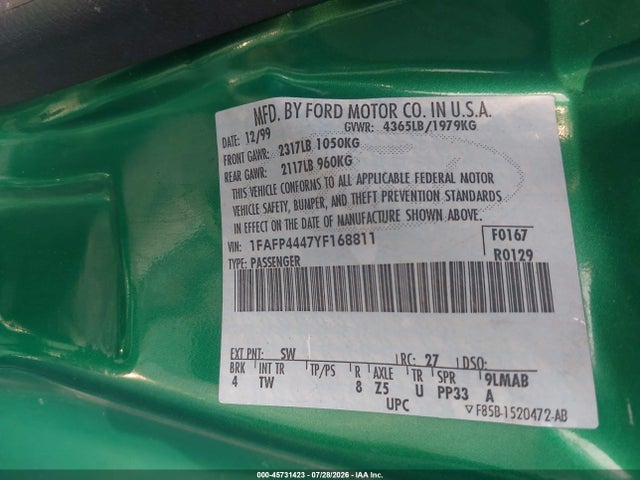 Продажа на аукционе авто 2000 Ford Mustang, vin: 1FAFP4447YF168811, номер лота: 45731423