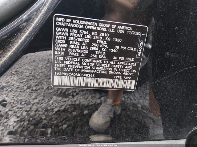 Продаж на аукціоні авто 2021 Volkswagen Atlas 3.6l V6 Se W/technology R-line, vin: 1V2PR2CA0MC548345, номер лоту: 45731432