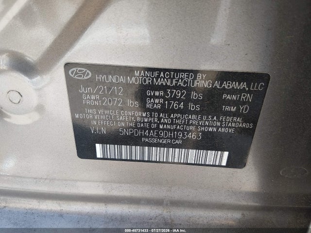 Aukcja sprzedaży 2013 Hyundai Elantra Gls, vin: 5NPDH4AE9DH193463, numer aukcji: 45731433