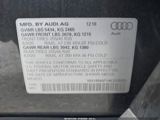 Aukcja sprzedaży 2019 Audi Q5 45 Premium, vin: WA1BNAFY4K2035591, numer aukcji: 45731436