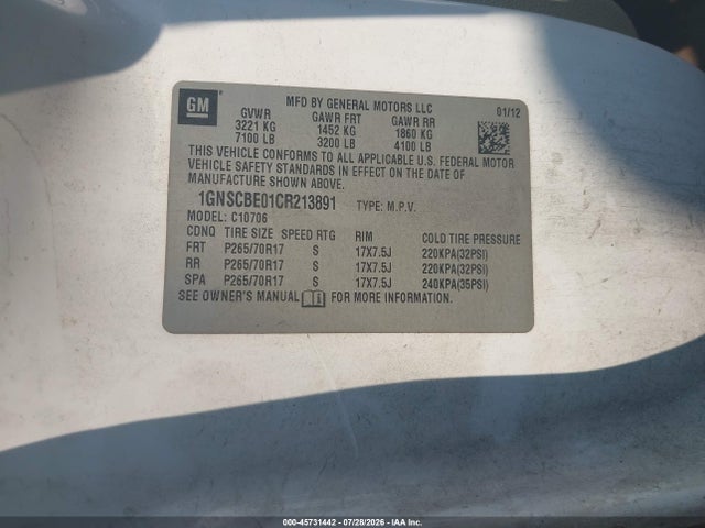 45731442 :رقم المزاد ، 1GNSCBE01CR213891 vin ، 2012 Chevrolet Tahoe Lt مزاد بيع