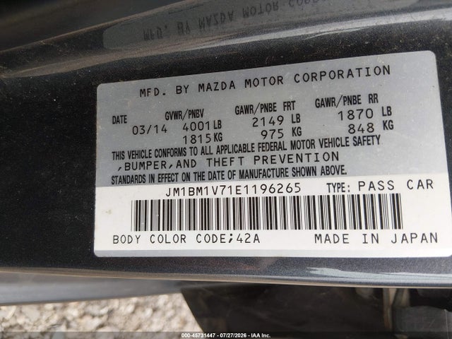 2014 Mazda Mazda3 I Touring მანქანა იყიდება აუქციონზე, vin: JM1BM1V71E1196265, აუქციონის ნომერი: 45731447