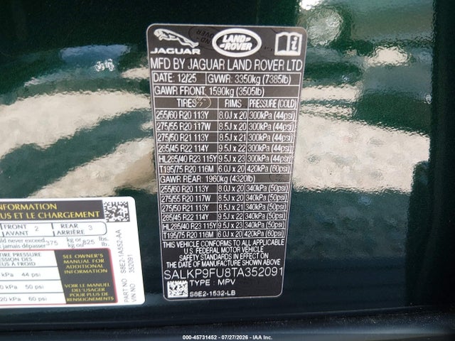 45731452 :رقم المزاد ، SALKP9FU8TA352091 vin ، 2026 Land Rover Range Rover P400 Se مزاد بيع