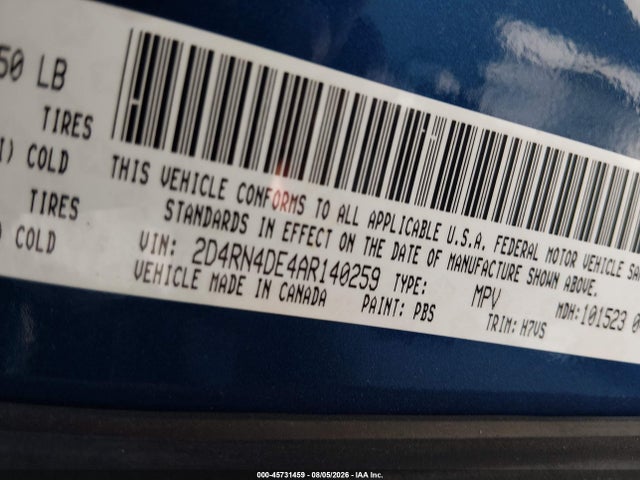 45731459 :رقم المزاد ، 2D4RN4DE4AR140259 vin ، 2010 Dodge Grand Caravan Se مزاد بيع