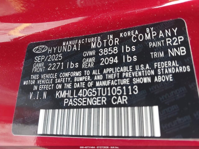 45731464 :رقم المزاد ، KMHLL4DG5TU105113 vin ، 2026 Hyundai Elantra Se مزاد بيع