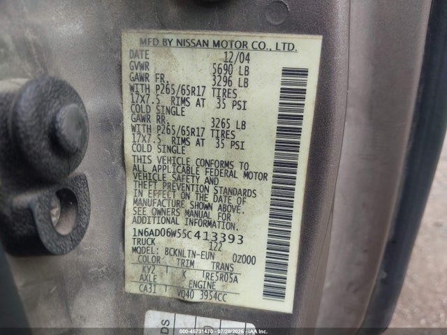 45731470 :رقم المزاد ، 1N6AD06W55C413393 vin ، 2005 Nissan Frontier Le مزاد بيع