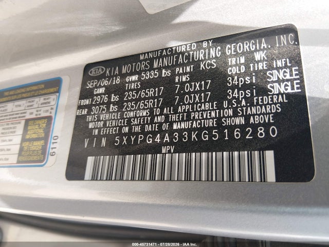 2019 Kia Sorento 2.4l L მანქანა იყიდება აუქციონზე, vin: 5XYPG4A33KG516280, აუქციონის ნომერი: 45731471