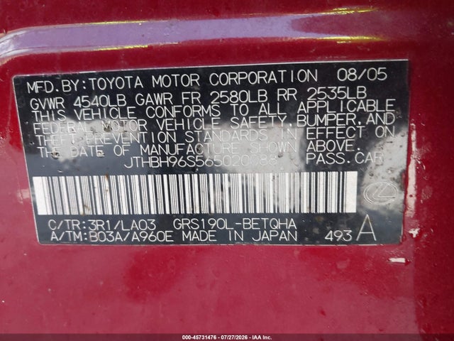 45731476 :رقم المزاد ، JTHBH96S565020088 vin ، 2006 Lexus Gs 300 مزاد بيع