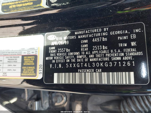 45731510 :رقم المزاد ، 5XXGT4L30KG371261 vin ، 2019 Kia Optima Lx مزاد بيع