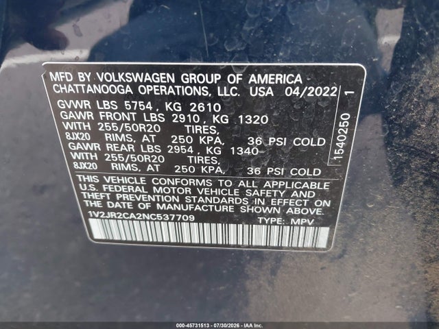 Продаж на аукціоні авто 2022 Volkswagen Atlas 3.6l V6 Se W/technology, vin: 1V2JR2CA2NC537709, номер лоту: 45731513