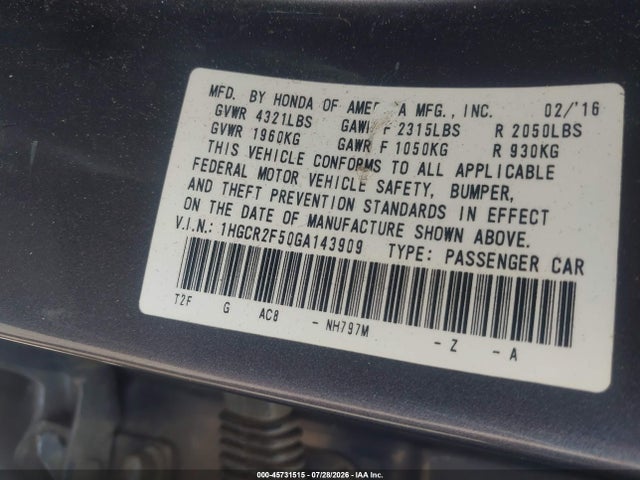 Aukcja sprzedaży 2016 Honda Accord Sport, vin: 1HGCR2F50GA143909, numer aukcji: 45731515