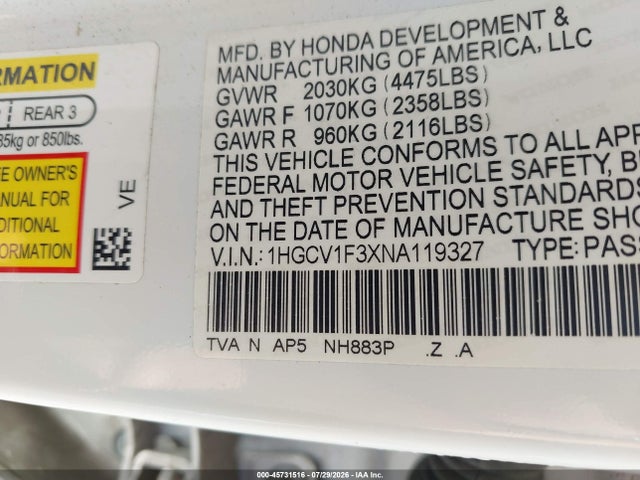 45731516 :رقم المزاد ، 1HGCV1F3XNA119327 vin ، 2022 Honda Accord Sport مزاد بيع