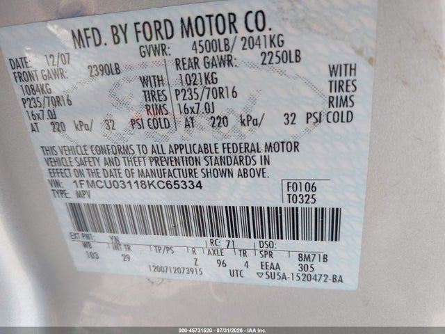 45731520 :رقم المزاد ، 1FMCU03118KC65334 vin ، 2008 Ford Escape Xlt مزاد بيع
