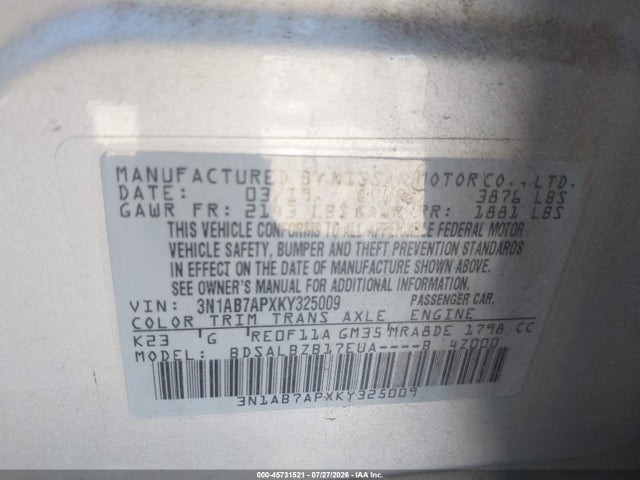 Aukcja sprzedaży 2019 Nissan Sentra S, vin: 3N1AB7APXKY325009, numer aukcji: 45731521