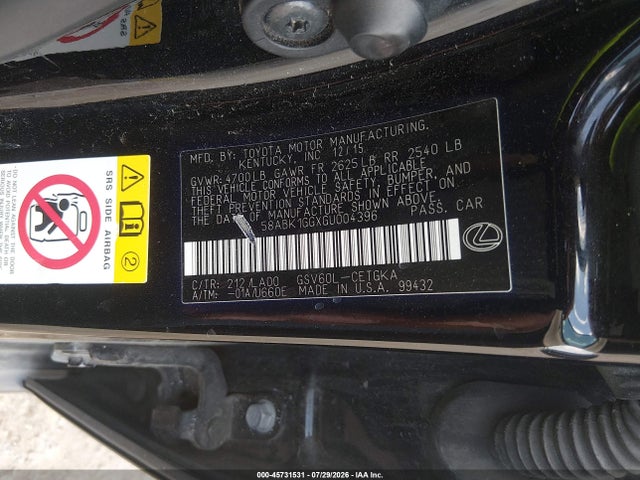 Aukcja sprzedaży 2016 Lexus Es 350, vin: 58ABK1GGXGU004396, numer aukcji: 45731531