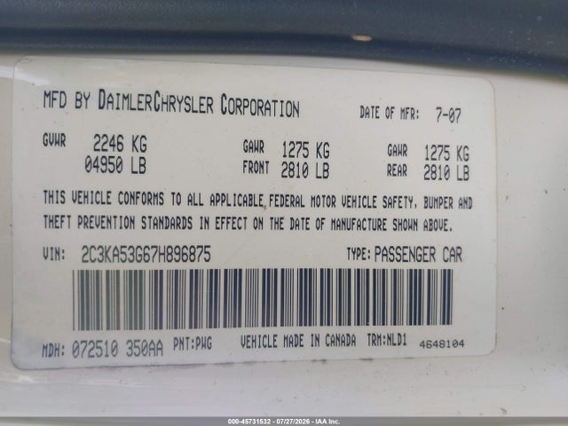 Продаж на аукціоні авто 2007 Chrysler 300 Touring, vin: 2C3KA53G67H896875, номер лоту: 45731532