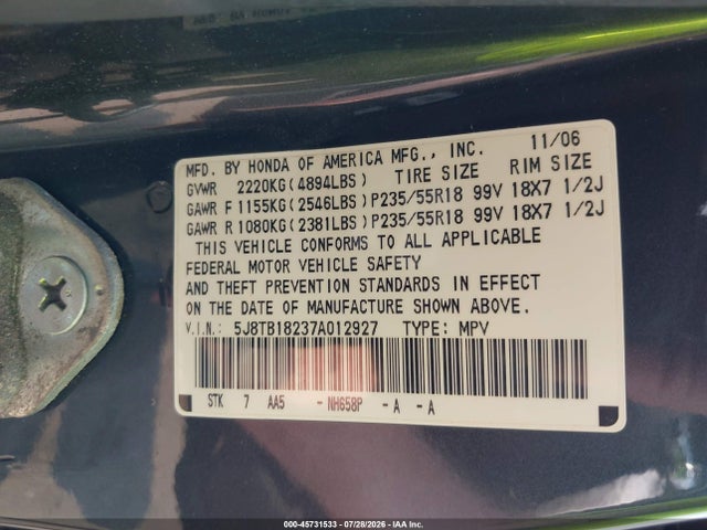 45731533 :رقم المزاد ، 5J8TB18237A012927 vin ، 2007 Acura Rdx مزاد بيع