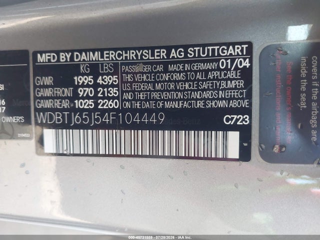 45731559 :رقم المزاد ، WDBTJ65J54F104449 vin ، 2004 Mercedes-benz Clk 320 مزاد بيع