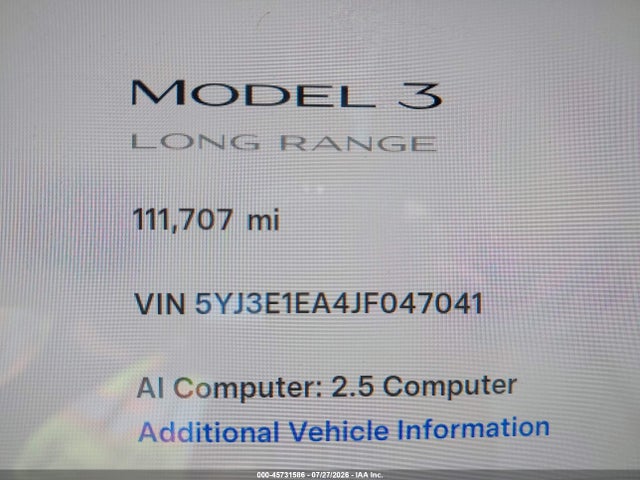 Продажа на аукционе авто 2018 Tesla Model 3 Long Range/mid Range, vin: 5YJ3E1EA4JF047041, номер лота: 45731586