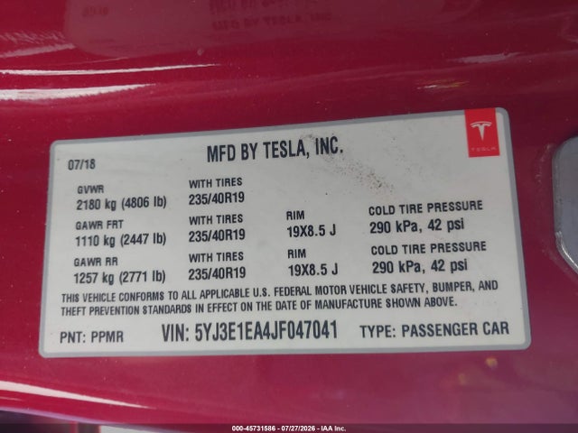 Продажа на аукционе авто 2018 Tesla Model 3 Long Range/mid Range, vin: 5YJ3E1EA4JF047041, номер лота: 45731586
