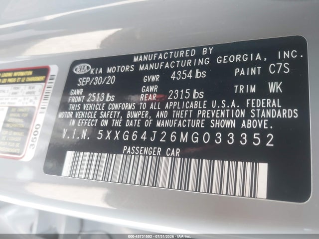Aukcja sprzedaży 2021 Kia K5 Gt-line, vin: 5XXG64J26MG033352, numer aukcji: 45731592