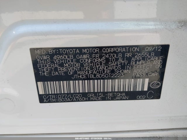 45731602 :رقم المزاد ، JTHCE1BL8D5012223 vin ، 2013 Lexus Gs 350 مزاد بيع