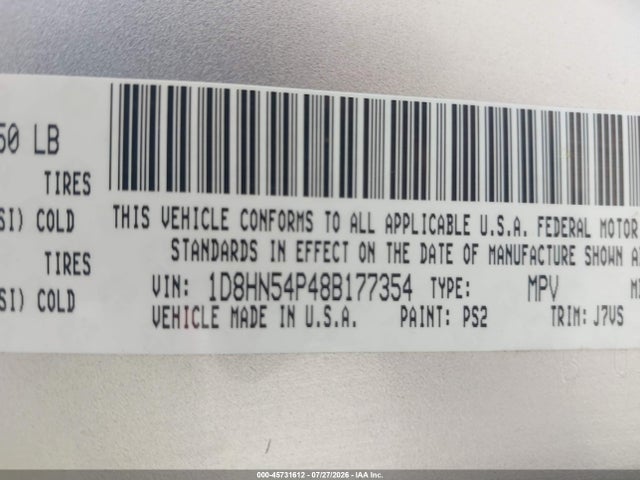 2008 Dodge Grand Caravan Sxt მანქანა იყიდება აუქციონზე, vin: 1D8HN54P48B177354, აუქციონის ნომერი: 45731612
