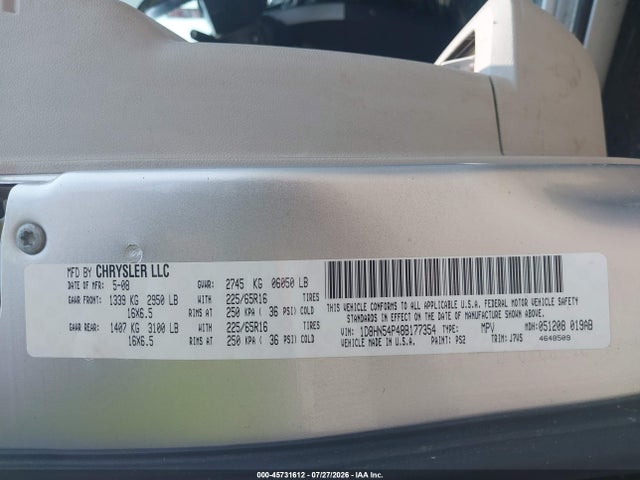 2008 Dodge Grand Caravan Sxt მანქანა იყიდება აუქციონზე, vin: 1D8HN54P48B177354, აუქციონის ნომერი: 45731612