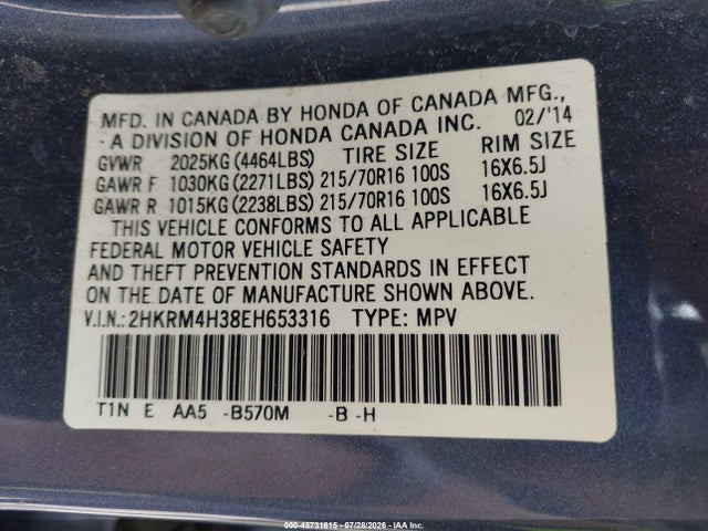 Продажа на аукционе авто 2014 Honda Cr-v Lx, vin: 2HKRM4H38EH653316, номер лота: 45731615