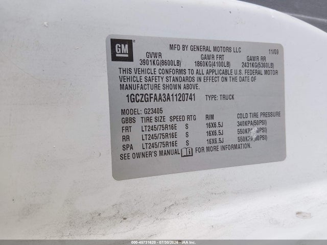 Продаж на аукціоні авто 2010 Chevrolet Express 2500 Work Van, vin: 1GCZGFAA3A1120741, номер лоту: 45731620