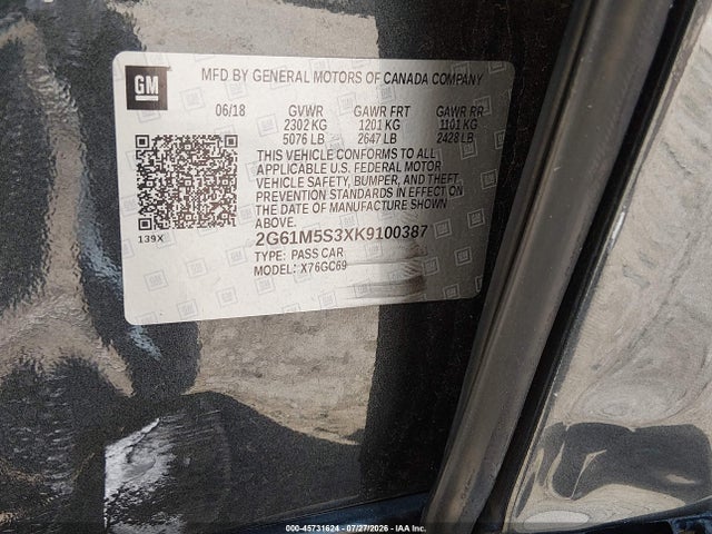 2019 Cadillac Xts Luxury მანქანა იყიდება აუქციონზე, vin: 2G61M5S3XK9100387, აუქციონის ნომერი: 45731624