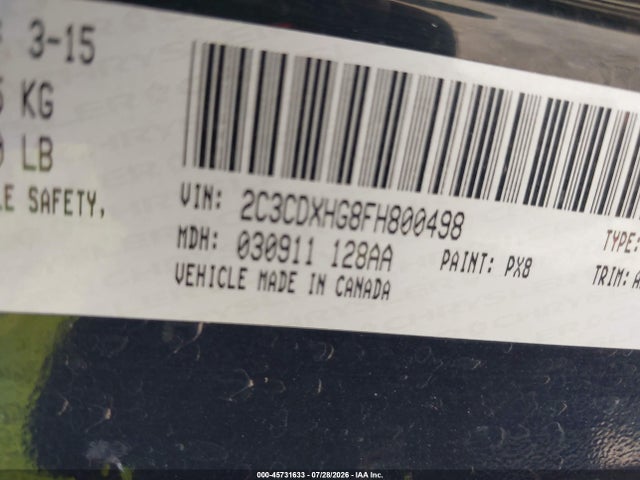 2015 Dodge Charger Sxt მანქანა იყიდება აუქციონზე, vin: 2C3CDXHG8FH800498, აუქციონის ნომერი: 45731633