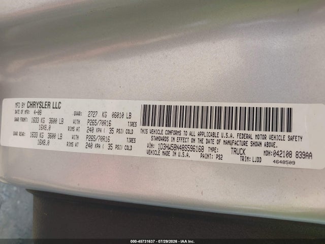 45731637 :رقم المزاد ، 1D3HW58N48S596168 vin ، 2008 Dodge Dakota Laramie مزاد بيع