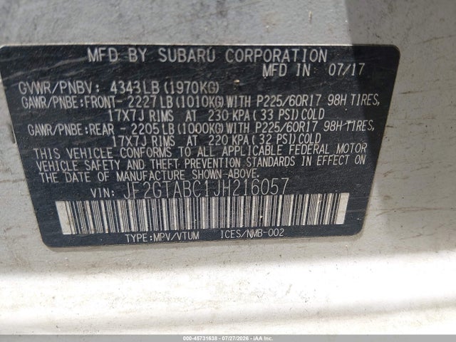 Aukcja sprzedaży 2018 Subaru Crosstrek 2.0i Premium, vin: JF2GTABC1JH216057, numer aukcji: 45731638
