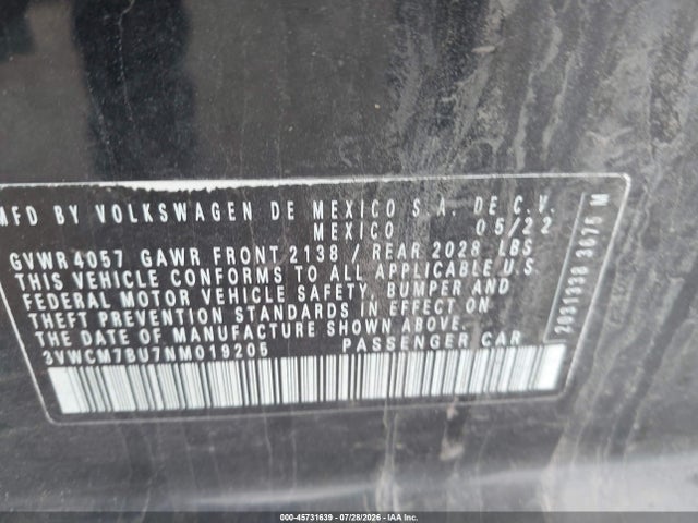 45731639 :رقم المزاد ، 3VWCM7BU7NM019205 vin ، 2022 Volkswagen Jetta 1.5t S مزاد بيع